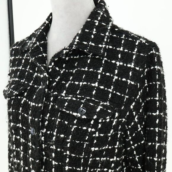 Chicos Jacket 1 Womens 8 Medium Black White Plaid Tweed Blazer Front Pockets - Picture 9 of 16